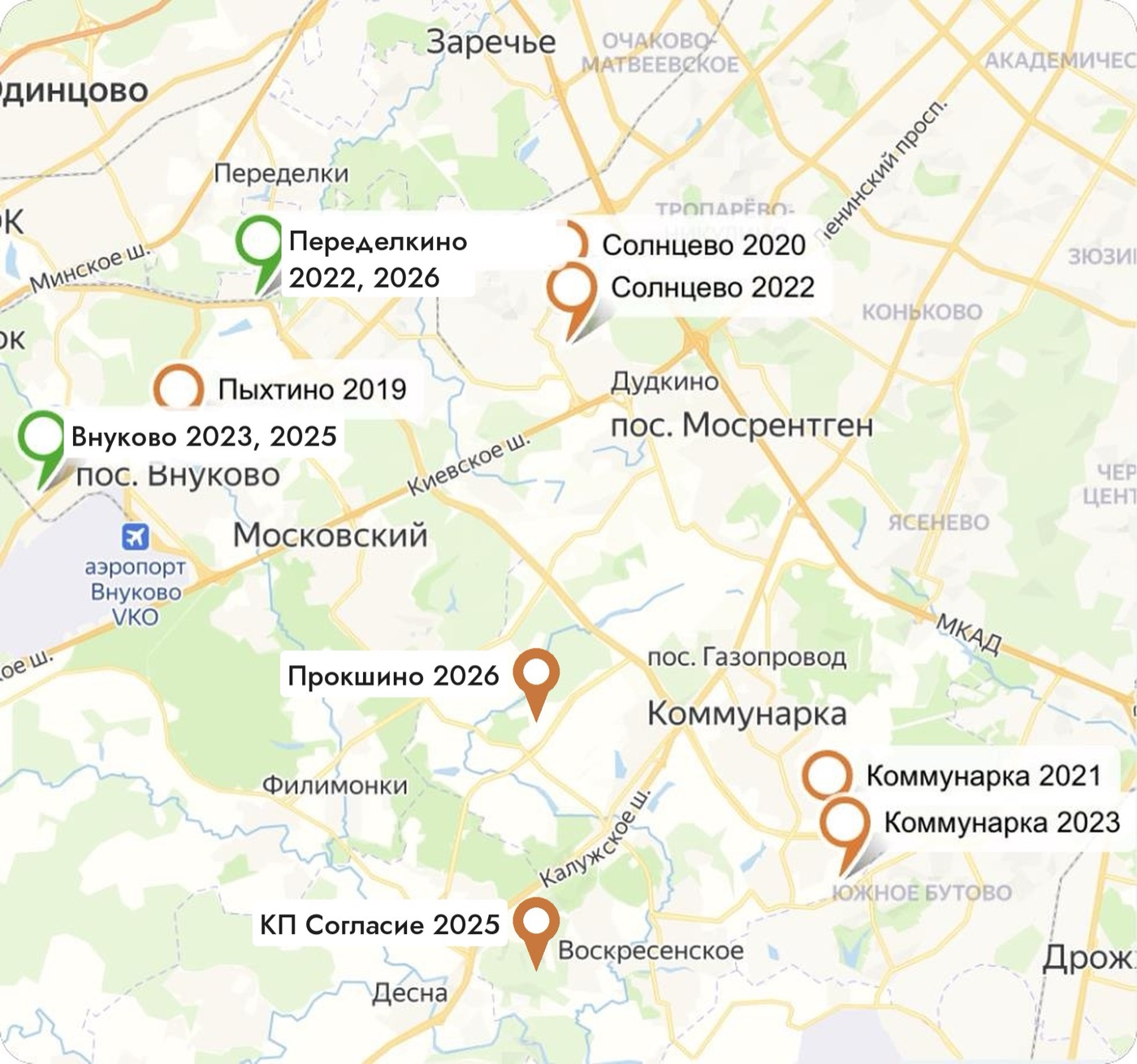 Карта проектов CityHouse в Новой Москве с 2019 по 2026 год